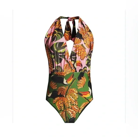 FARM RIO One Piece Swimsuit Toucananas Plunge Halter Bathing Suit Tropical NWT - Picture 2 of 9